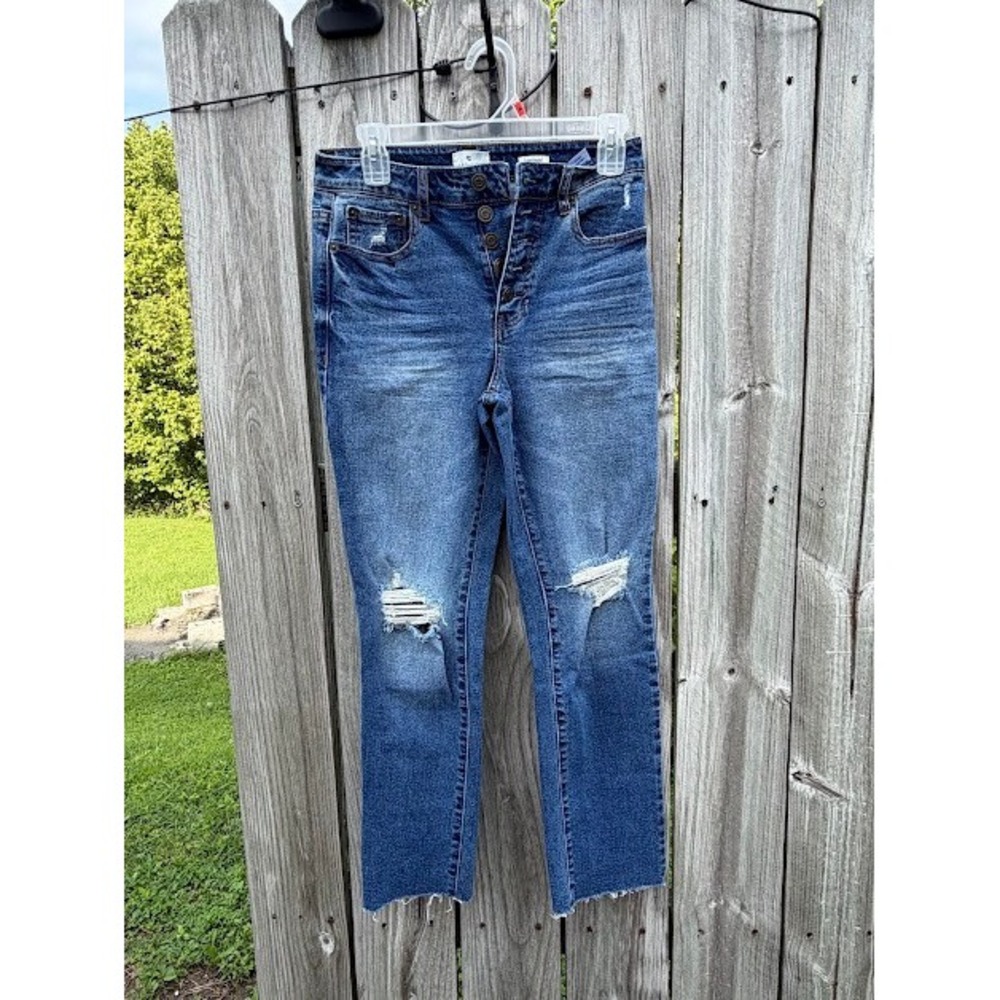 Distressed Raw Hem True Craft Slim Straight Jeans 4 Blue Button Fly High Rise